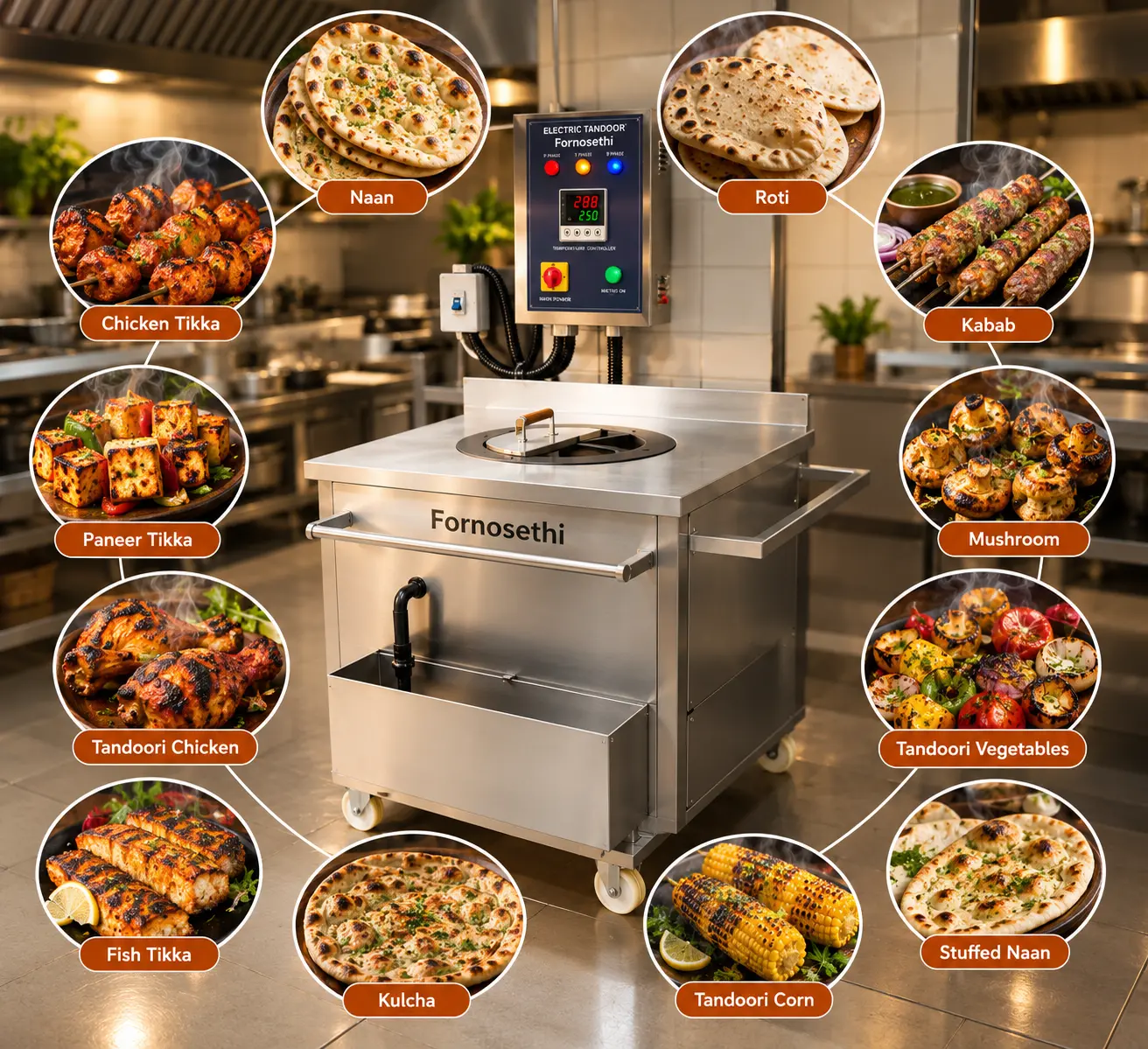 Naan, tandoori roti, chicken tikka and seekh kebab cooked in an electric tandoor