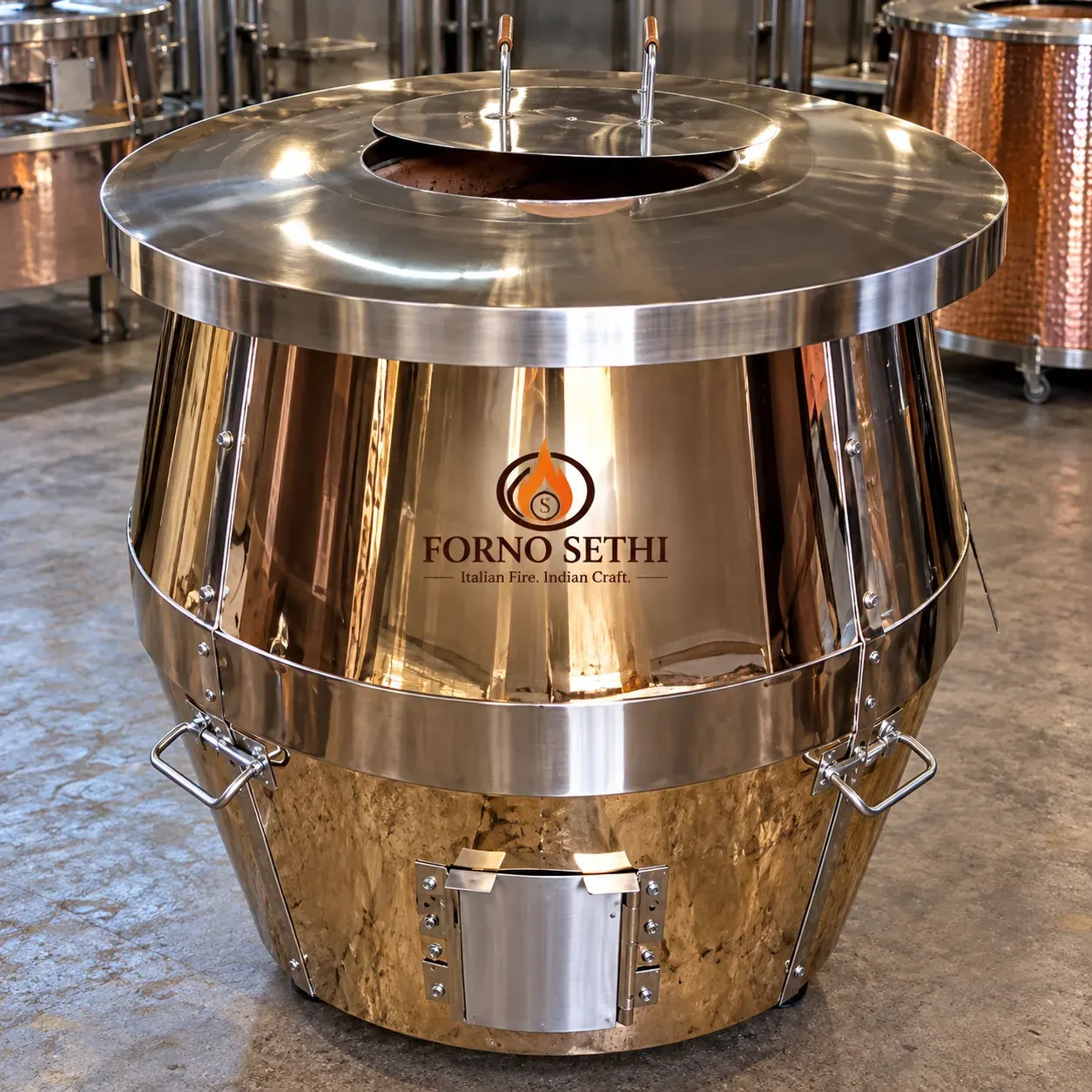 Forno Sethi rose gold PVD coated SS live kitchen tandoor